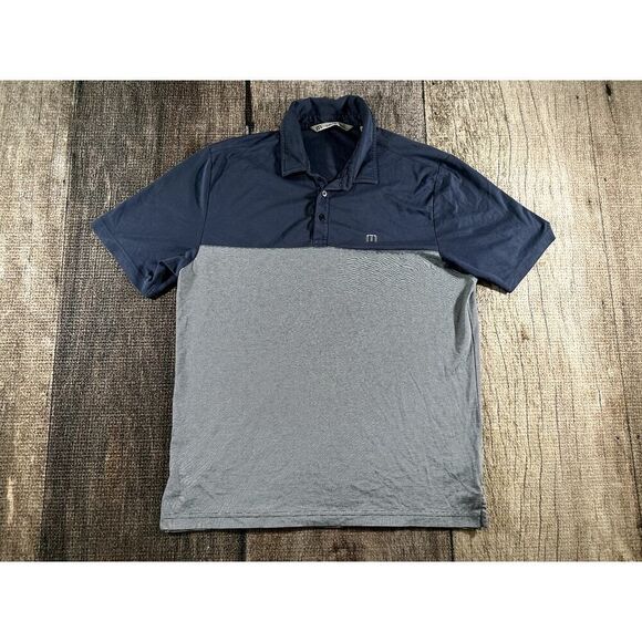 Travis Mathew Blocked Striped Polo Shirt Mens Lg Blue Gray Cotton Polyester - Picture 1 of 11